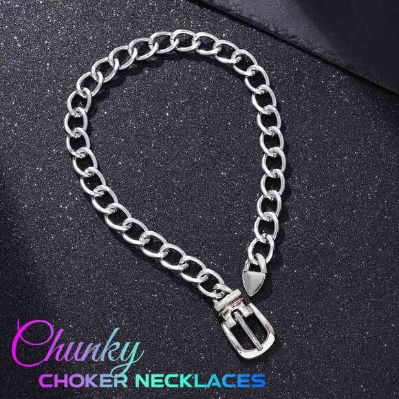 Gold Belt Buckle Choker Necklace Punk Cuban Chunky Choker Necklaces Vintage Thic - Picture 2 of 7